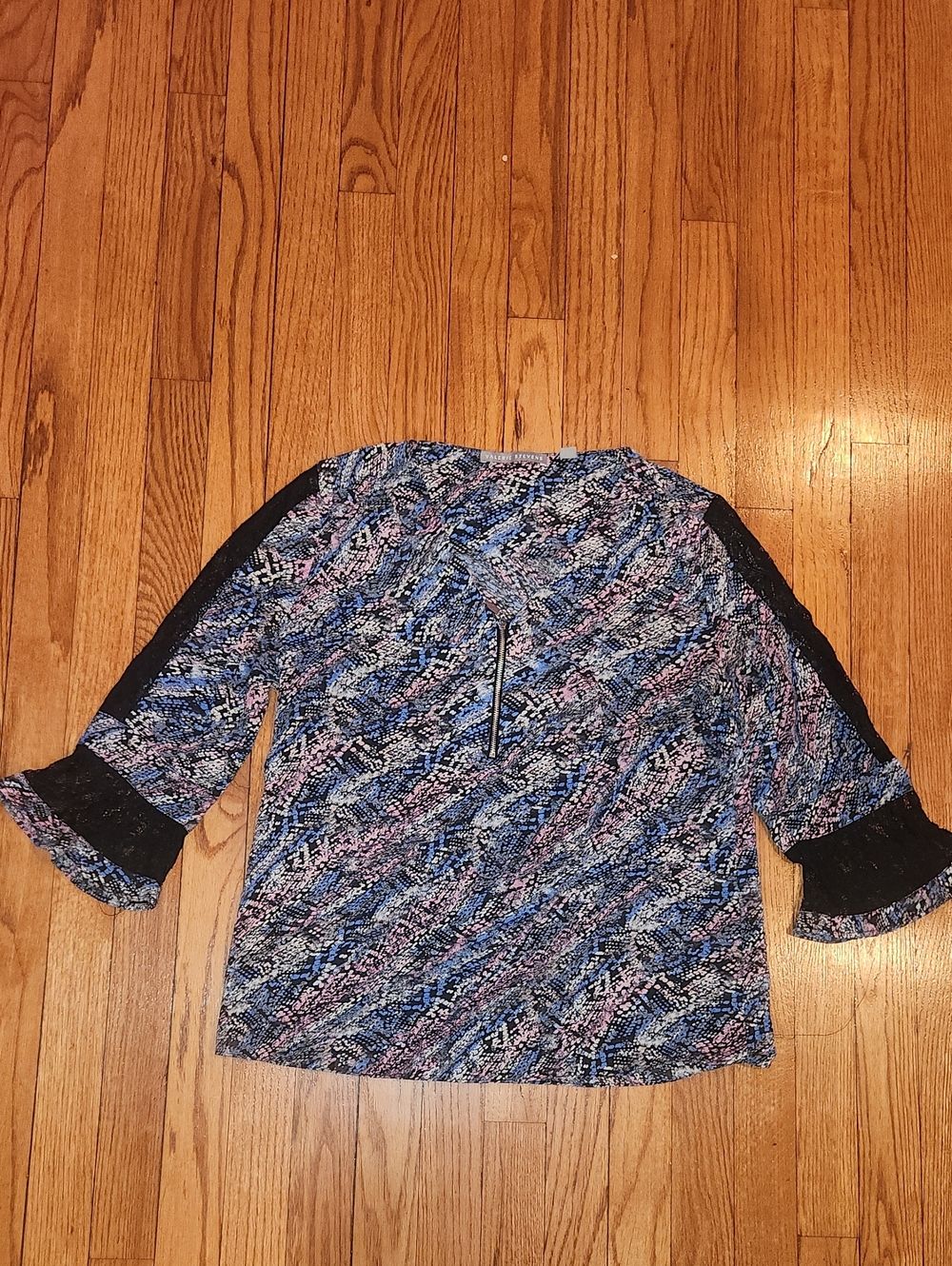 Valerie Stevens Blue and Pink Printed Blouse with Black Trim